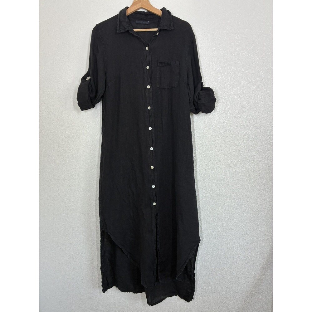 Meo Meli Linen Shirt Dress Womens Black Button Front Maxi Roll Tab Sleeve Italy